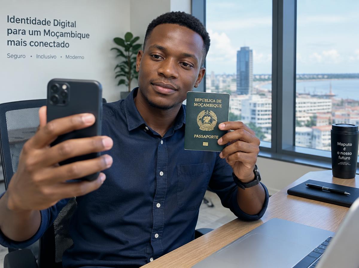 Customer photographing his passport with a smartphone for digital identity verification